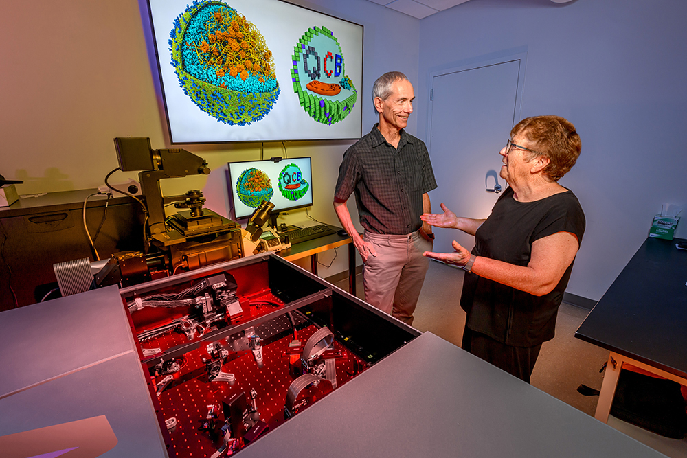 Two researchers talk in a microscopy lab